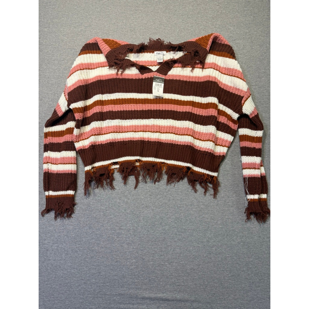Women's rue21 Striped Distressed Sweater M Brown Pink White